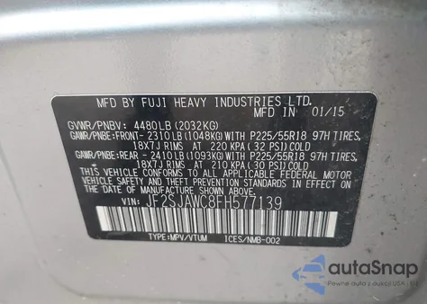 2015 Subaru Forester 2.5I Touring from USA, damaged, VIN JF2SJAWC8FH577139